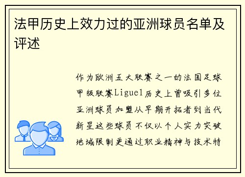 法甲历史上效力过的亚洲球员名单及评述