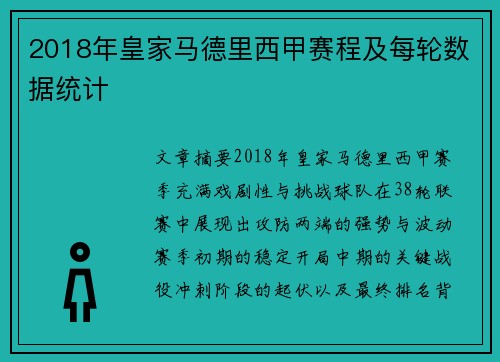 2018年皇家马德里西甲赛程及每轮数据统计