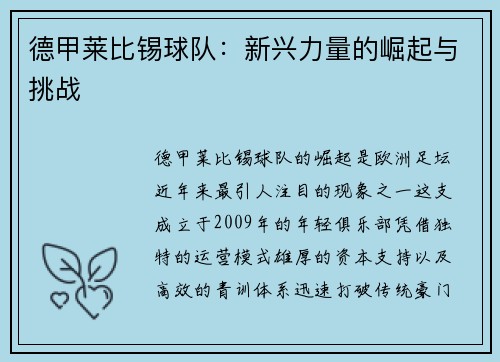 德甲莱比锡球队：新兴力量的崛起与挑战